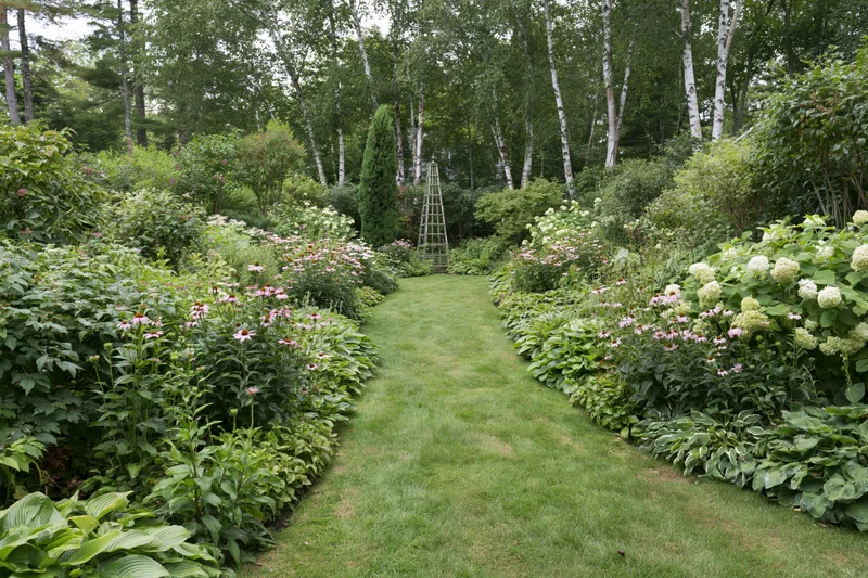 Grass path lined with blooming flowers and shrubs in a private garden