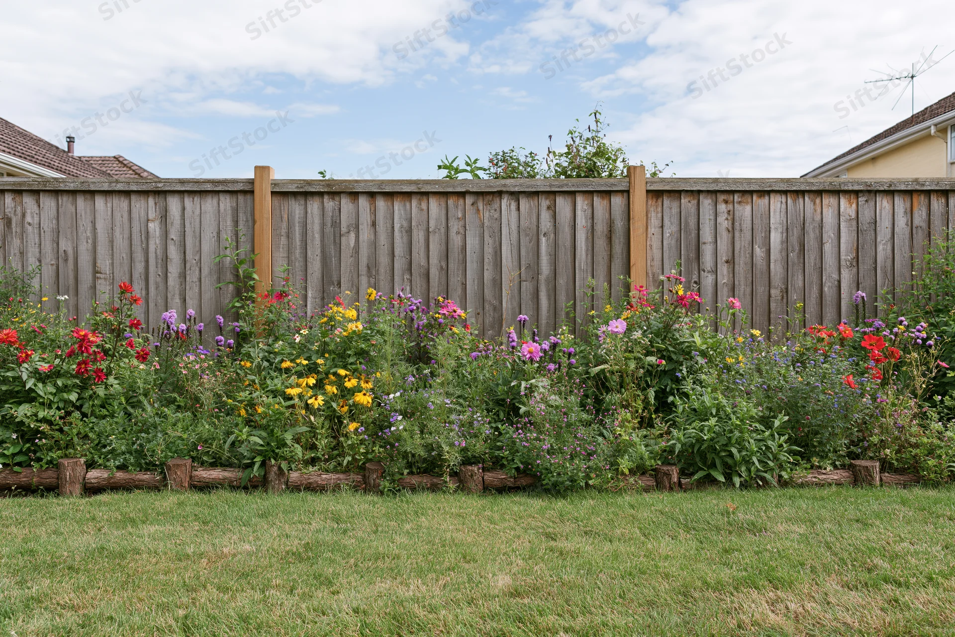 Colorful flower border blooming along a wooden fence in a suburban backyard