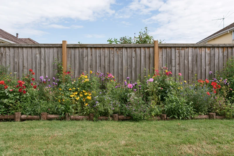 Colorful flower border blooming along a wooden fence in a suburban backyard