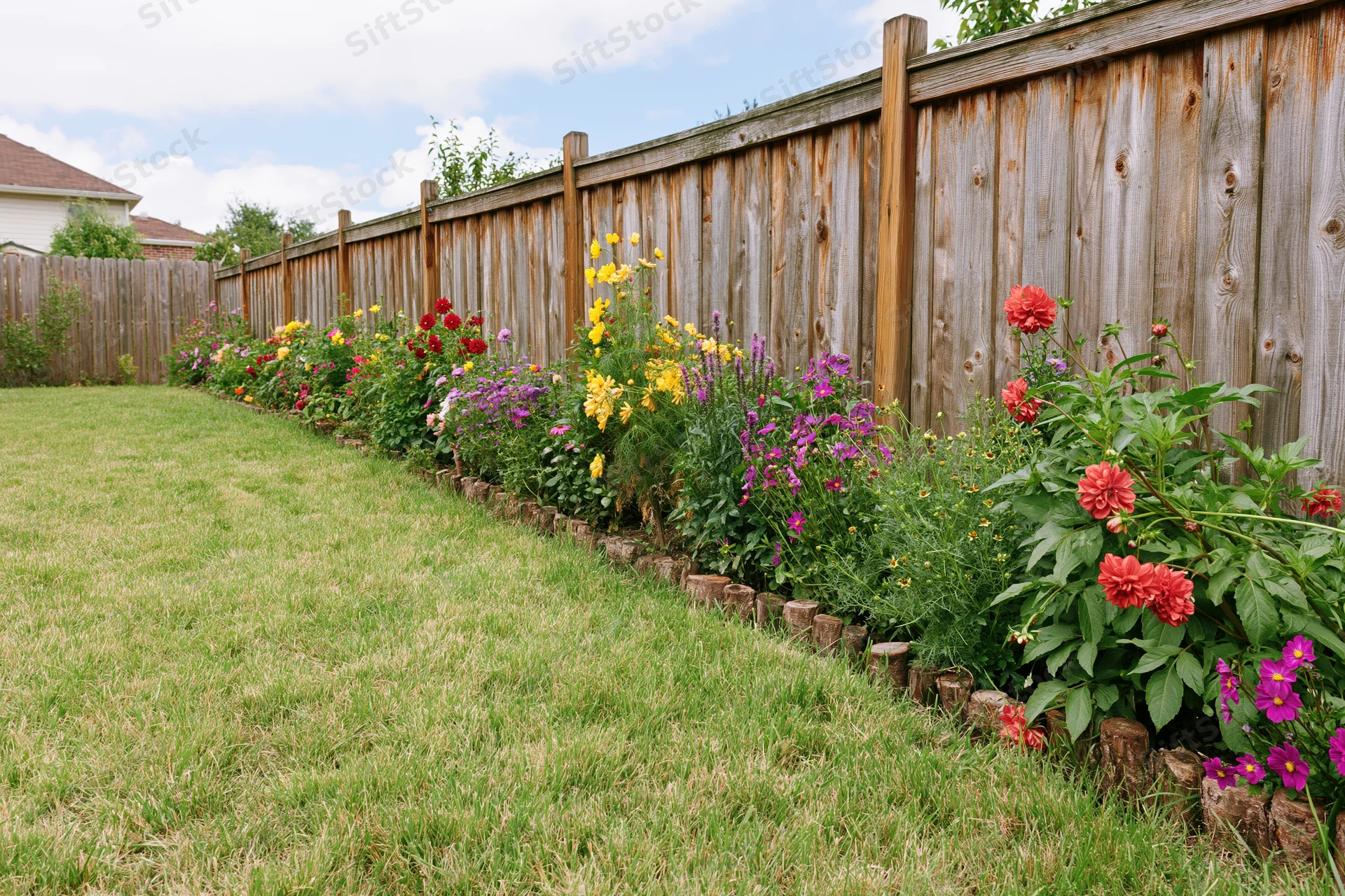 Colorful flower border along wooden fence in suburban backyard