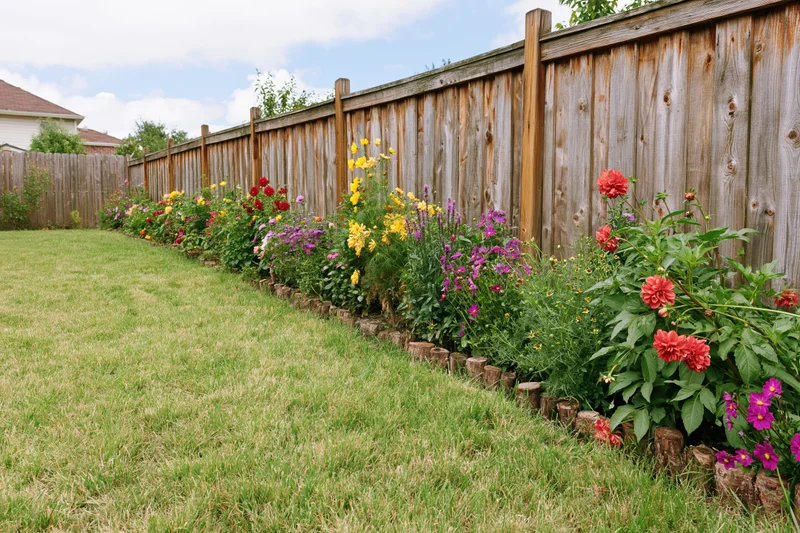Colorful flower border along wooden fence in suburban backyard