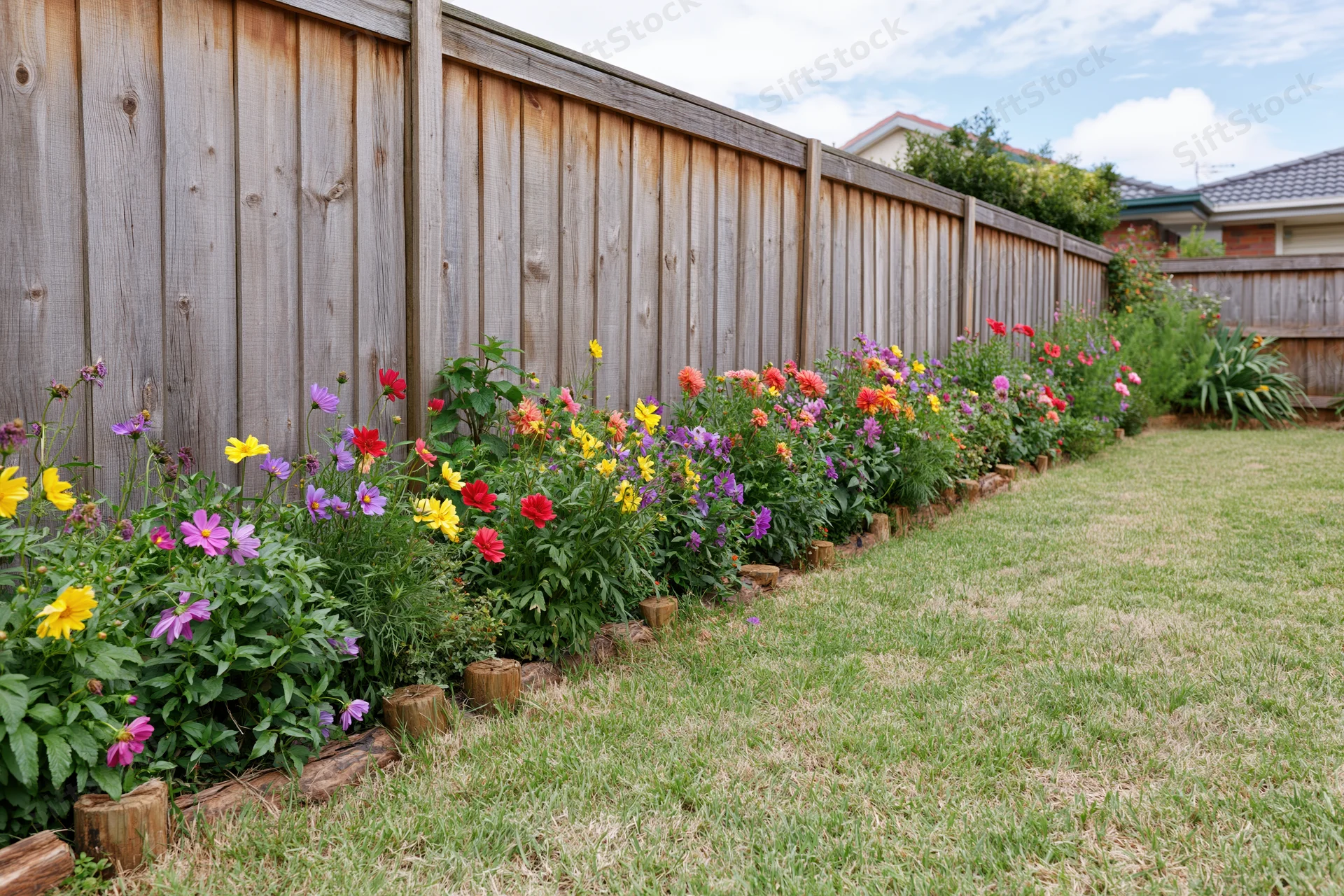 Colorful flower border along a wooden fence in a suburban backyard