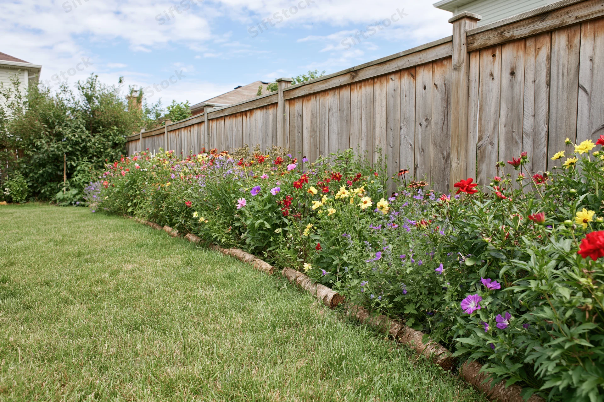 Colorful flower border along wooden fence in suburban backyard garden