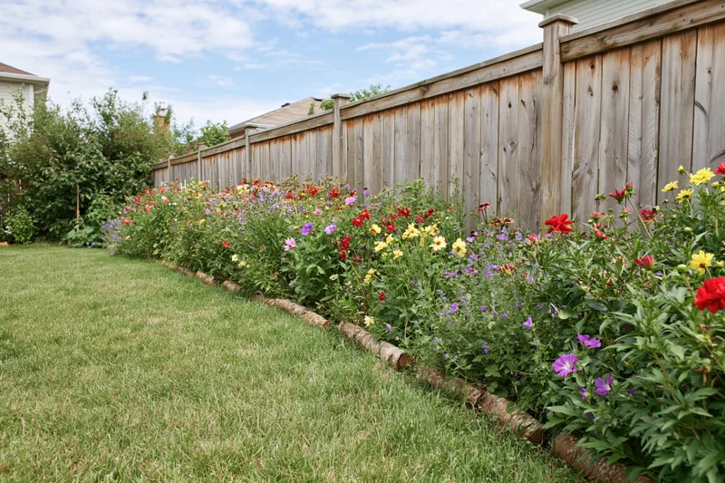 Colorful flower border along wooden fence in suburban backyard garden