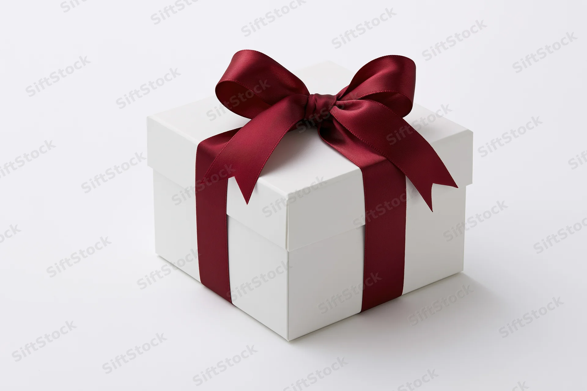 White gift box wrapped with red satin ribbon on plain white surface
