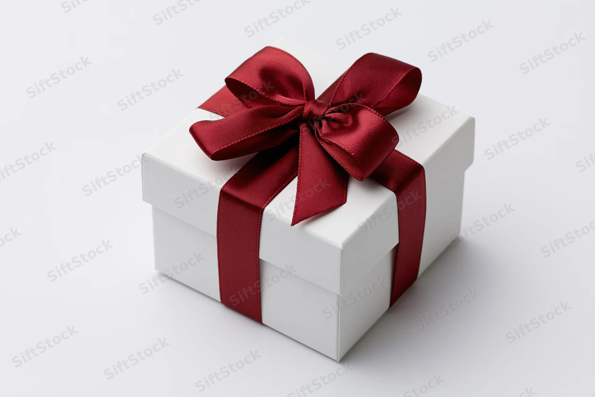 White gift box with red satin ribbon on plain white surface