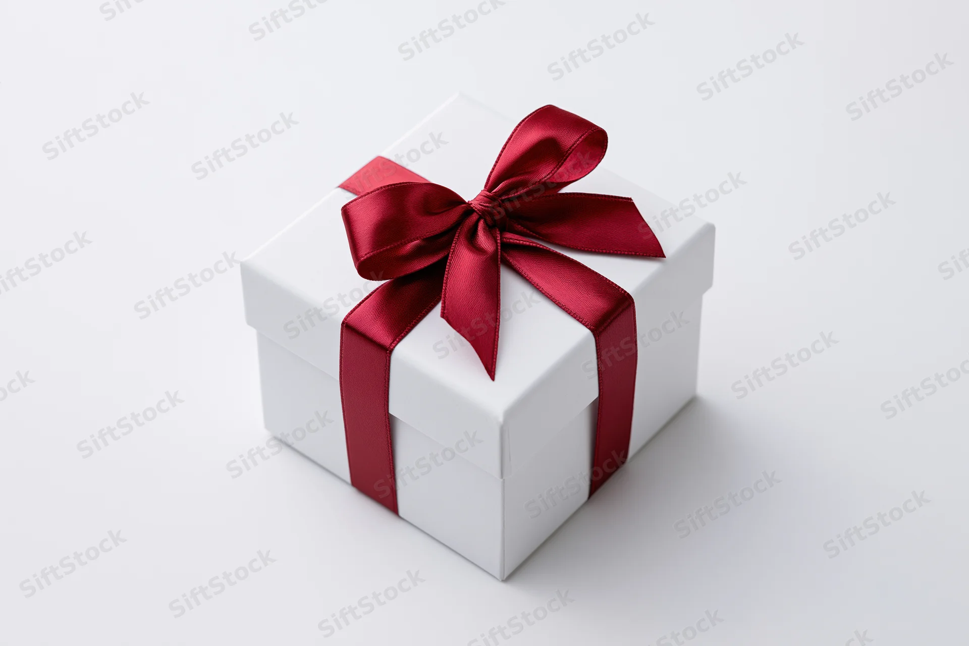 White gift box tied with red satin ribbon on plain white surface