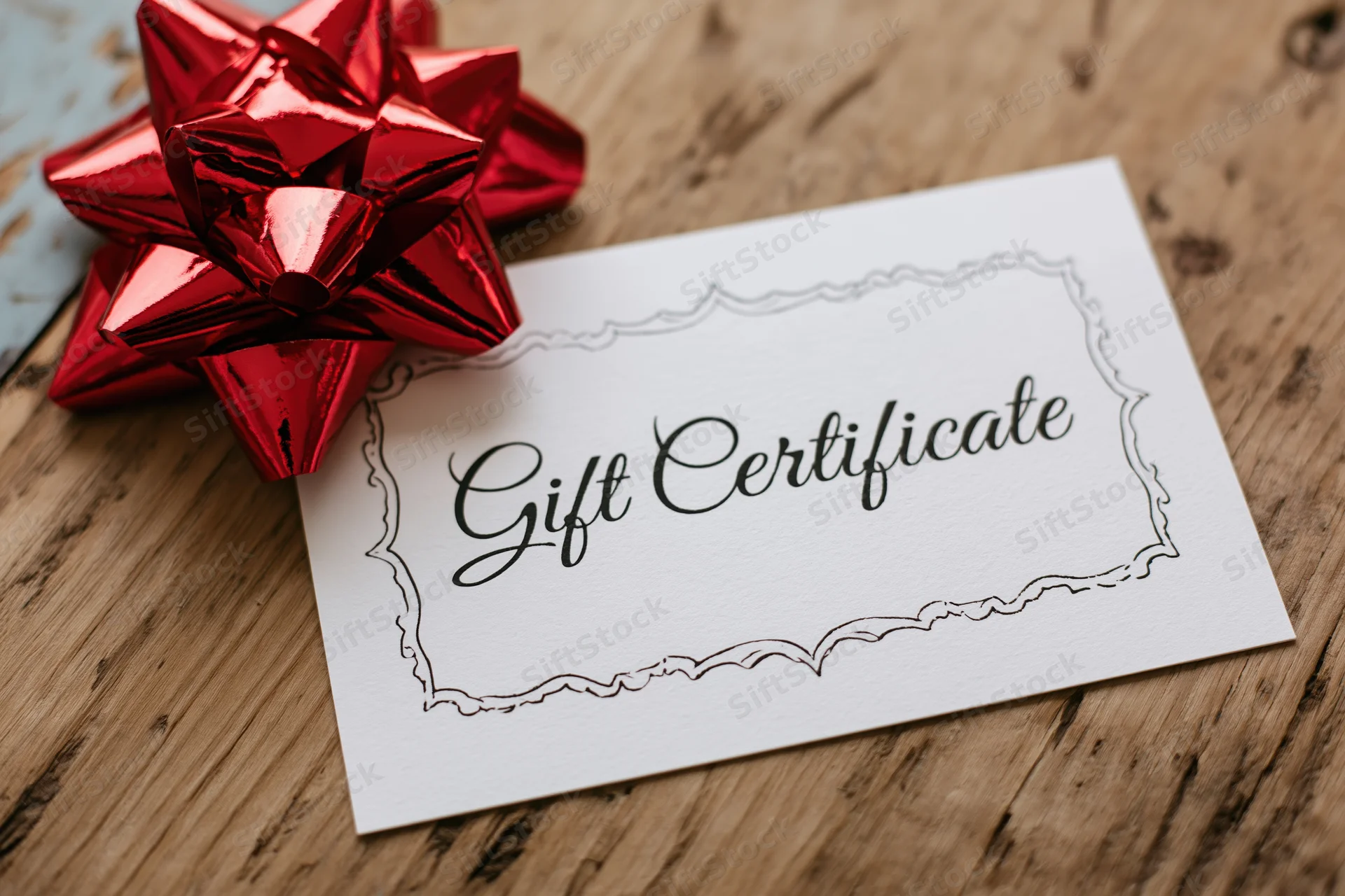 White gift certificate card with scalloped border and red bow on wooden surface