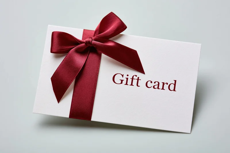 White gift card with red satin ribbon bow and printed text lying flat on light surface