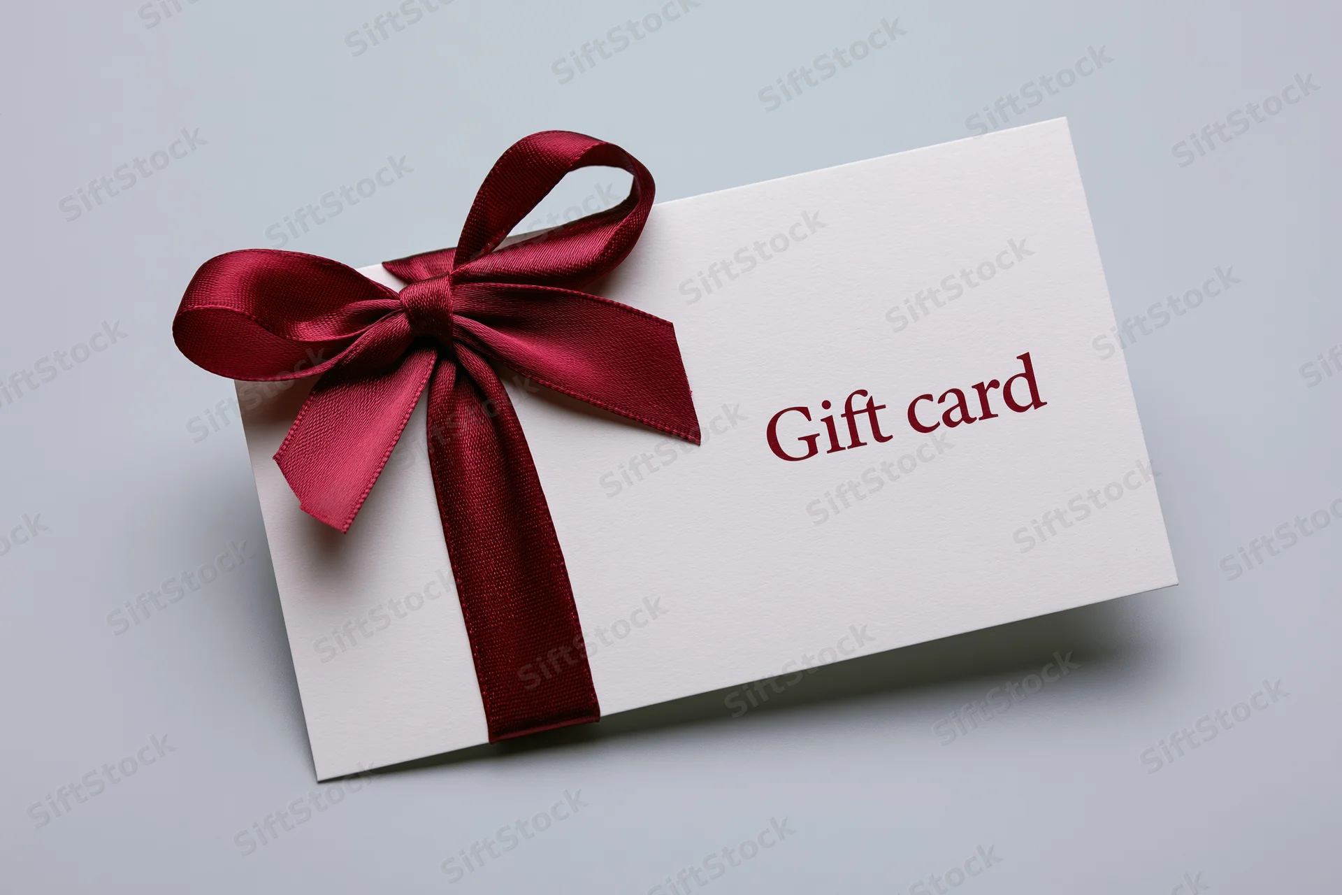 White gift card with red satin ribbon bow on plain background