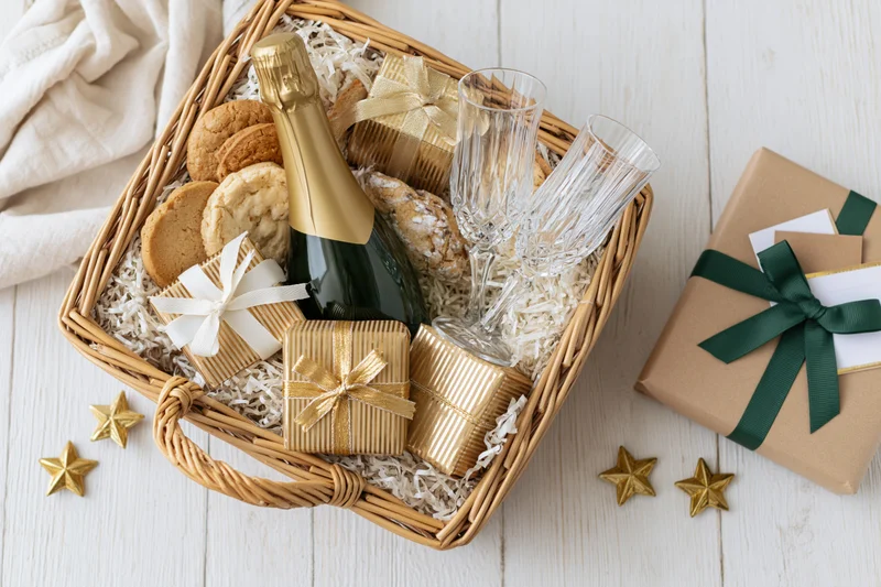 Wicker gift basket filled with champagne bottle, crystal glasses, cookies, and wrapped gifts on white wooden surface
