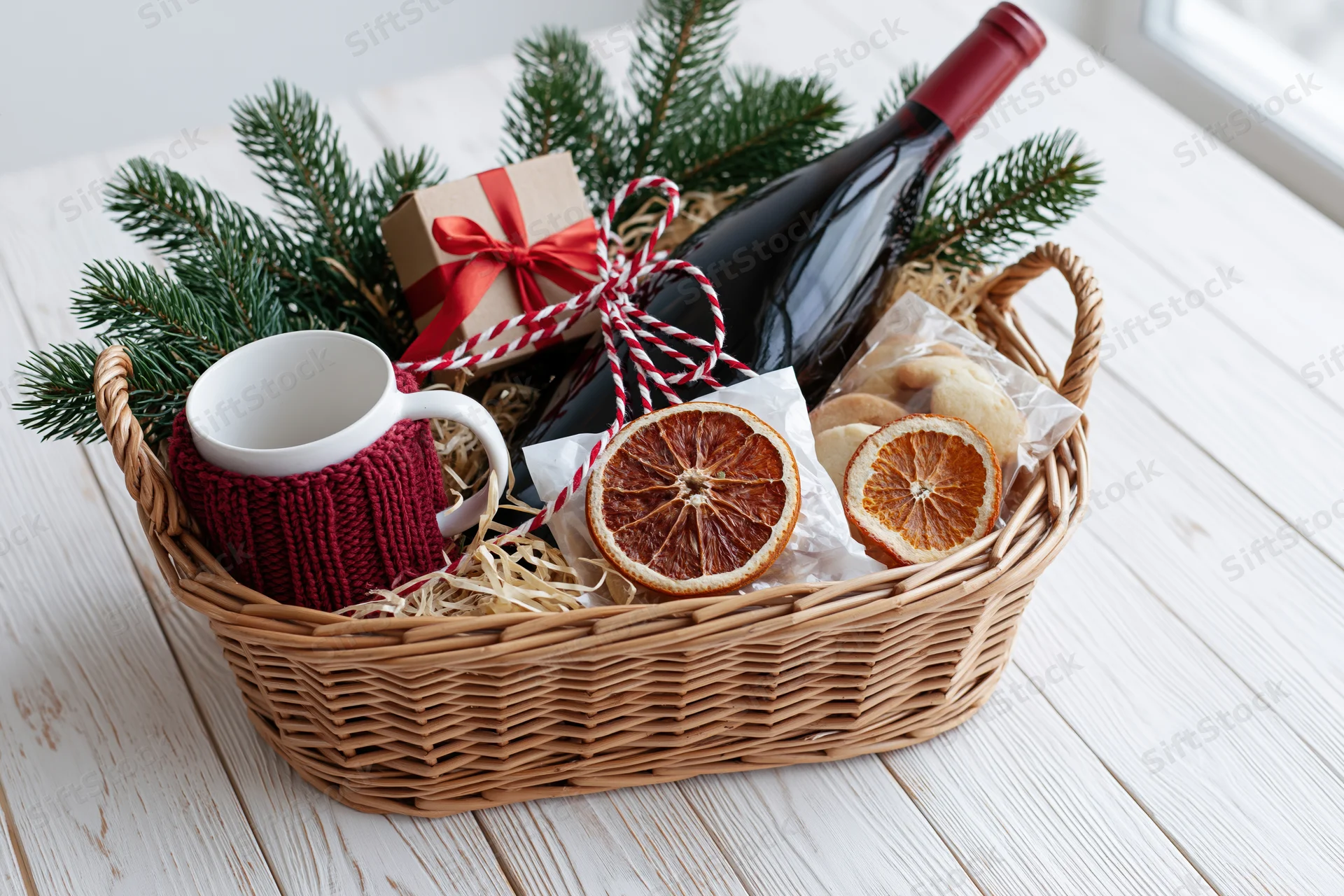 Wicker gift basket filled with wine bottle, mug, dried oranges, pine branches and small gift box on white wooden table