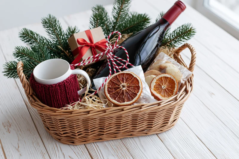 Wicker gift basket filled with wine bottle, mug, dried oranges, pine branches and small gift box on white wooden table