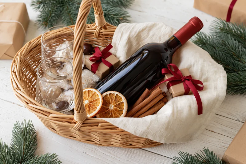 Wicker gift basket with red wine bottle, glasses, dried oranges, cinnamon sticks, and small gifts wrapped in brown paper with red ribbons, arranged on a white wooden table surrounded by pine branches