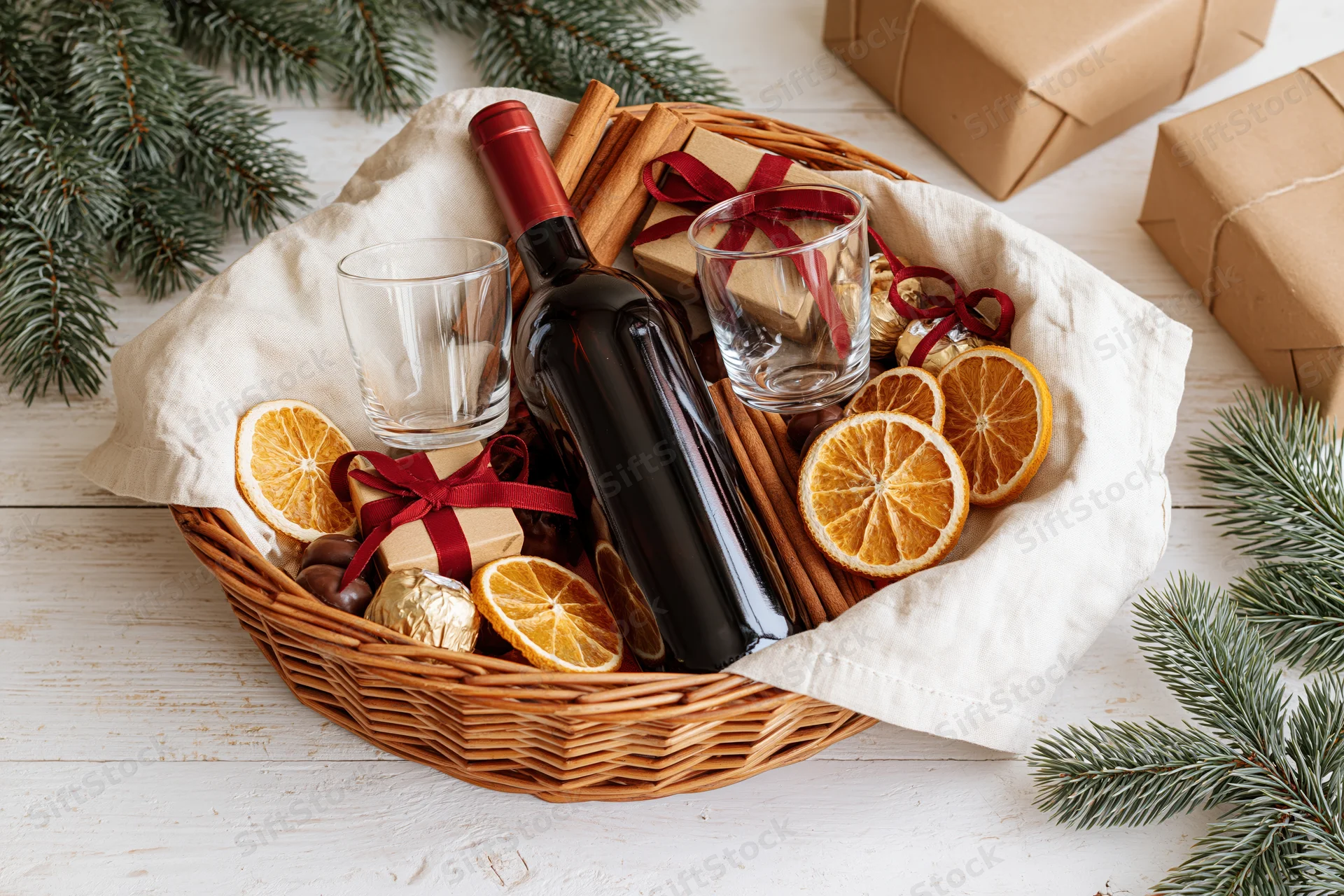 Wicker gift basket filled with red wine bottle, dried oranges, cinnamon sticks, chocolates, and small gifts on white wooden table surrounded by pine branches and wrapped presents