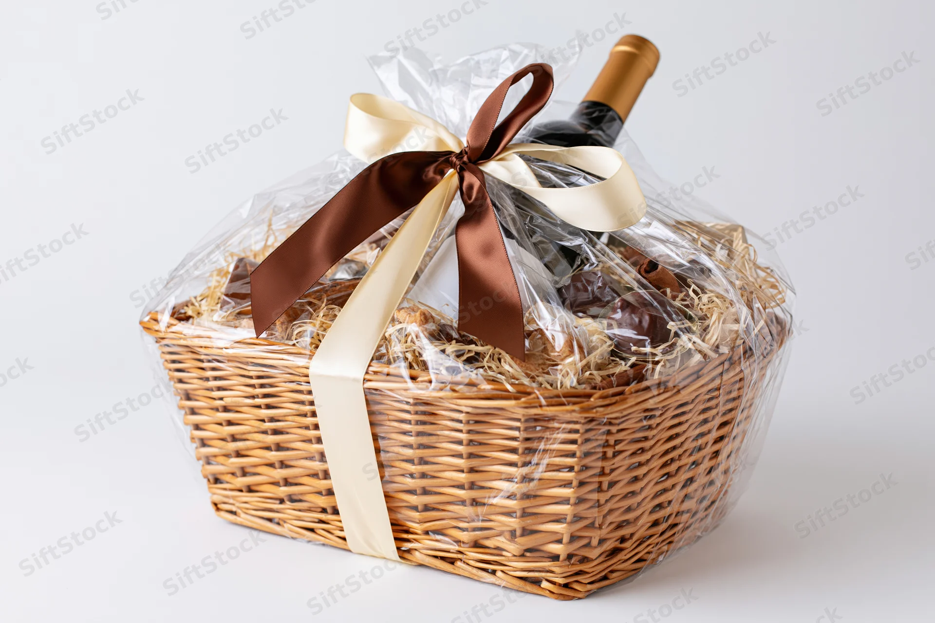 Wicker gift basket wrapped in cellophane with ribbon bow containing wine bottle and chocolates on white background