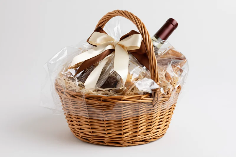 Wicker gift basket filled with wine bottle and chocolates wrapped in cellophane with ribbon bow on white background