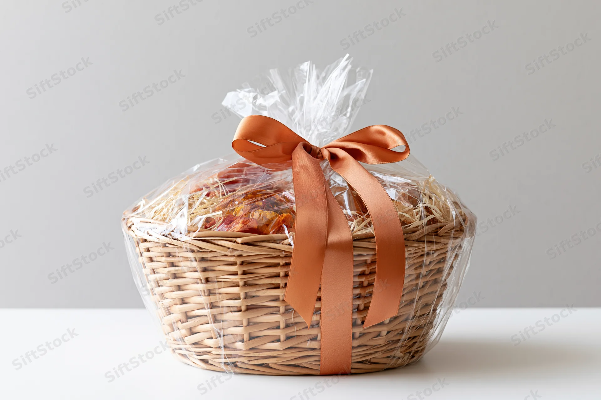 Wicker gift basket wrapped in cellophane with orange ribbon on white surface