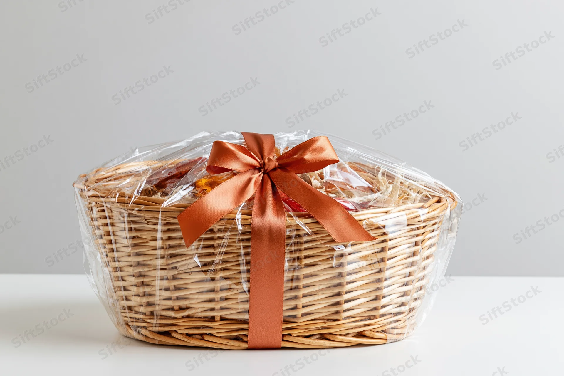 Wicker gift basket wrapped in clear plastic with brown satin ribbon on white surface