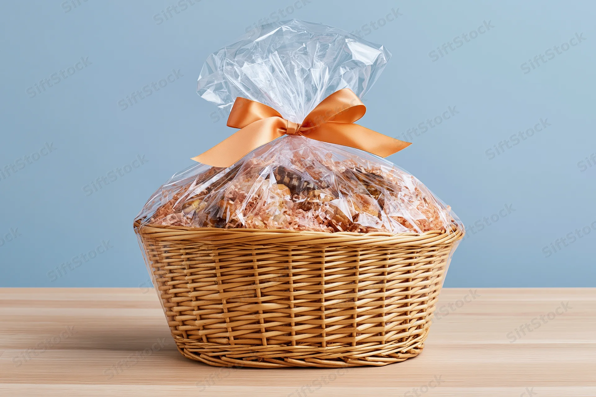Wicker gift basket filled with assorted treats wrapped in cellophane with orange ribbon on wooden table against blue background