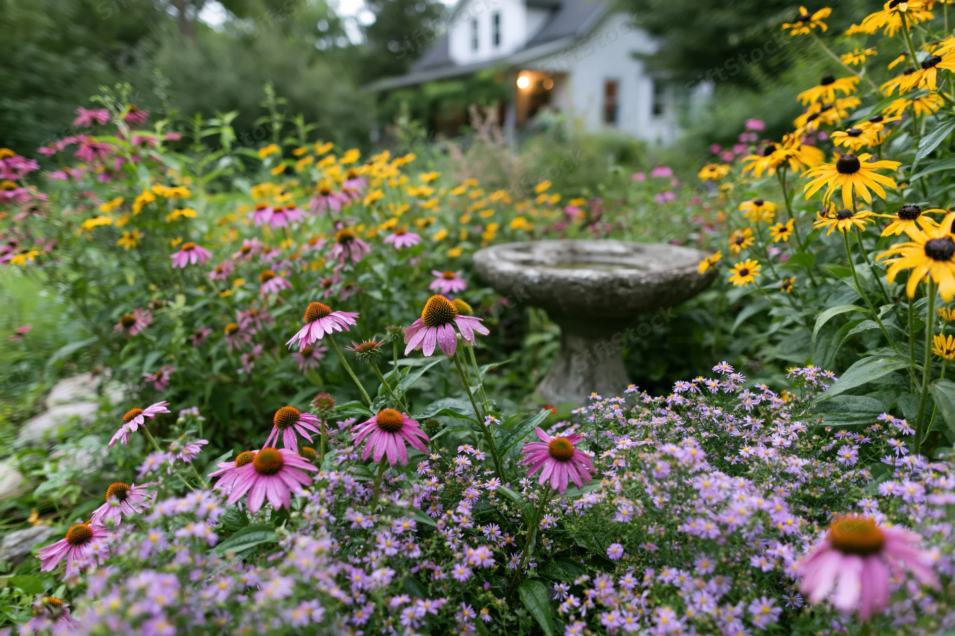 Wild cottage garden in full summer bloom with pink and yellow flowers surrounding a stone birdbath near a white house