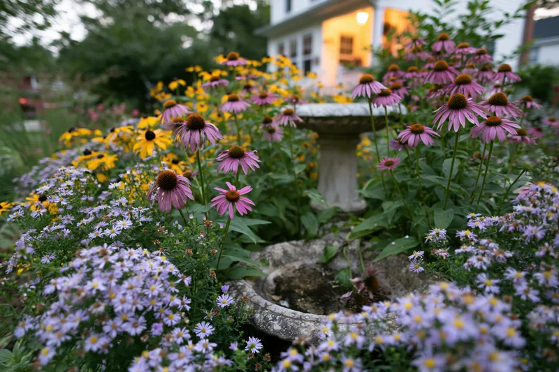 Wild cottage garden in full summer bloom with purple pink and yellow flowers around a stone birdbath near a house at twilight
