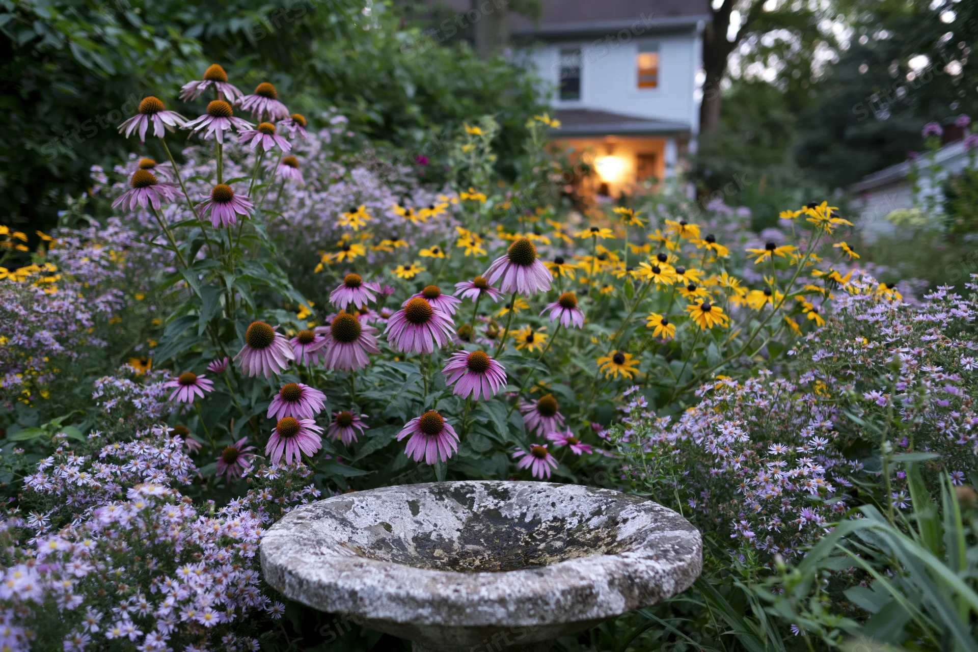 Wild cottage garden in full summer bloom with purple and yellow flowers surrounding a stone birdbath in front of a house at twilight