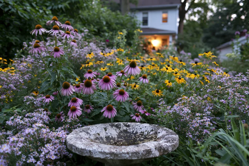 Wild cottage garden in full summer bloom with purple and yellow flowers surrounding a stone birdbath in front of a house at twilight