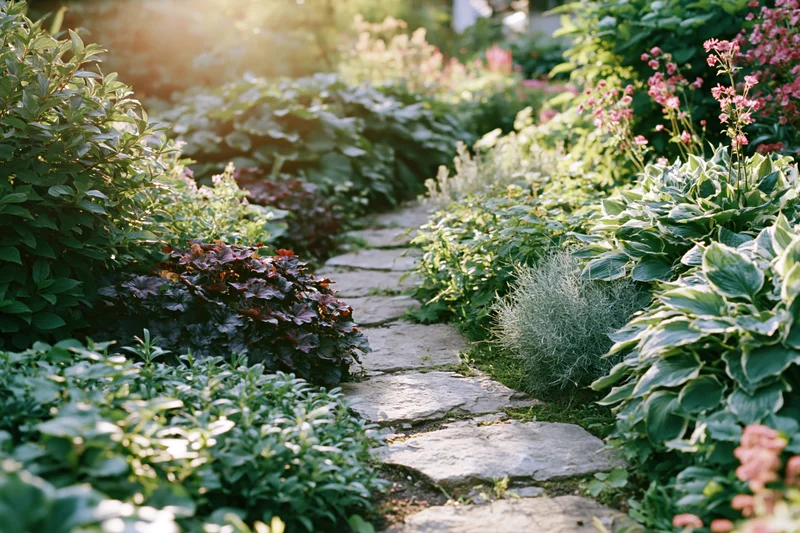 Winding stone path through lush cottage garden bordered by green foliage and flowering plants in sunlight