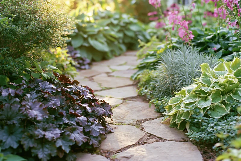 Winding stone path through lush cottage garden bordered by hostas, heuchera, and pink flowers