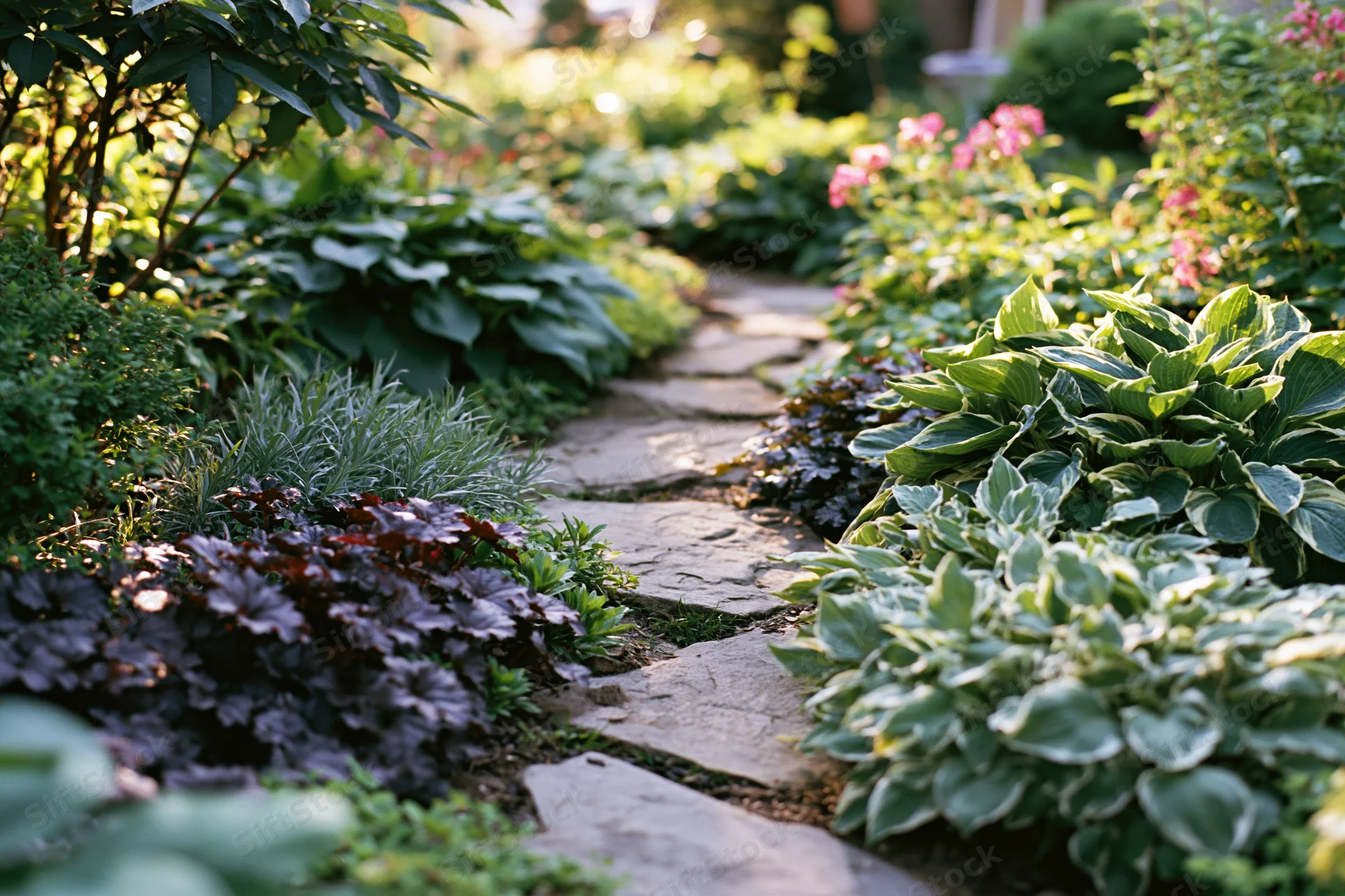 Winding stone path through lush cottage garden bordered by hostas and flowering plants