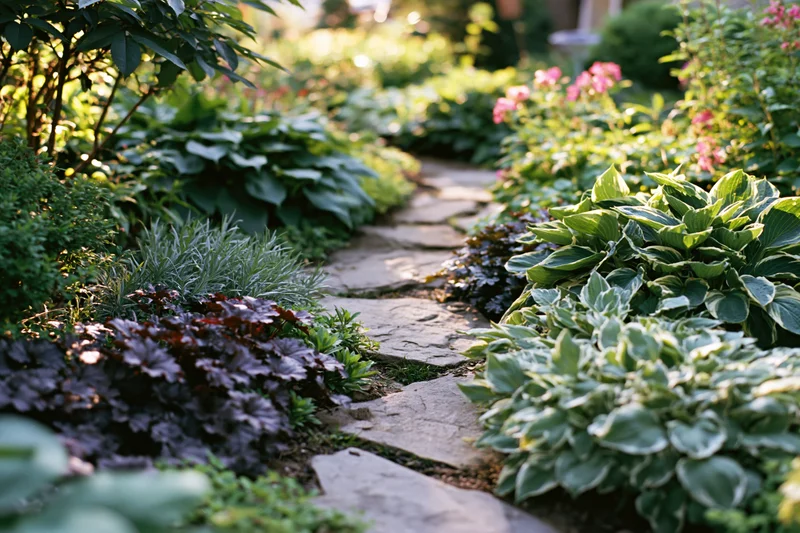 Winding stone path through lush cottage garden bordered by hostas and flowering plants