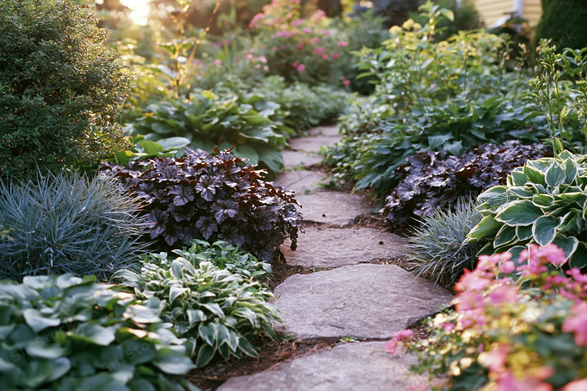 Winding stone path through lush cottage garden bordered by hostas and flowering shrubs in summer daylight