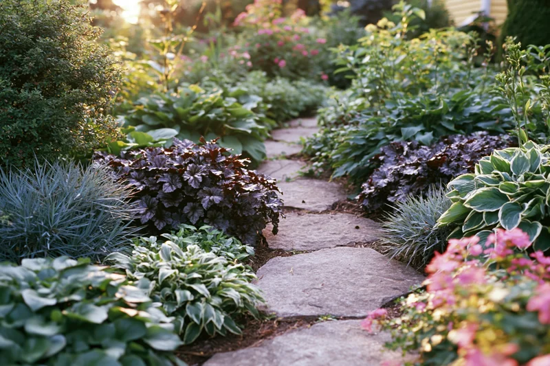 Winding stone path through lush cottage garden bordered by hostas and flowering shrubs in summer daylight