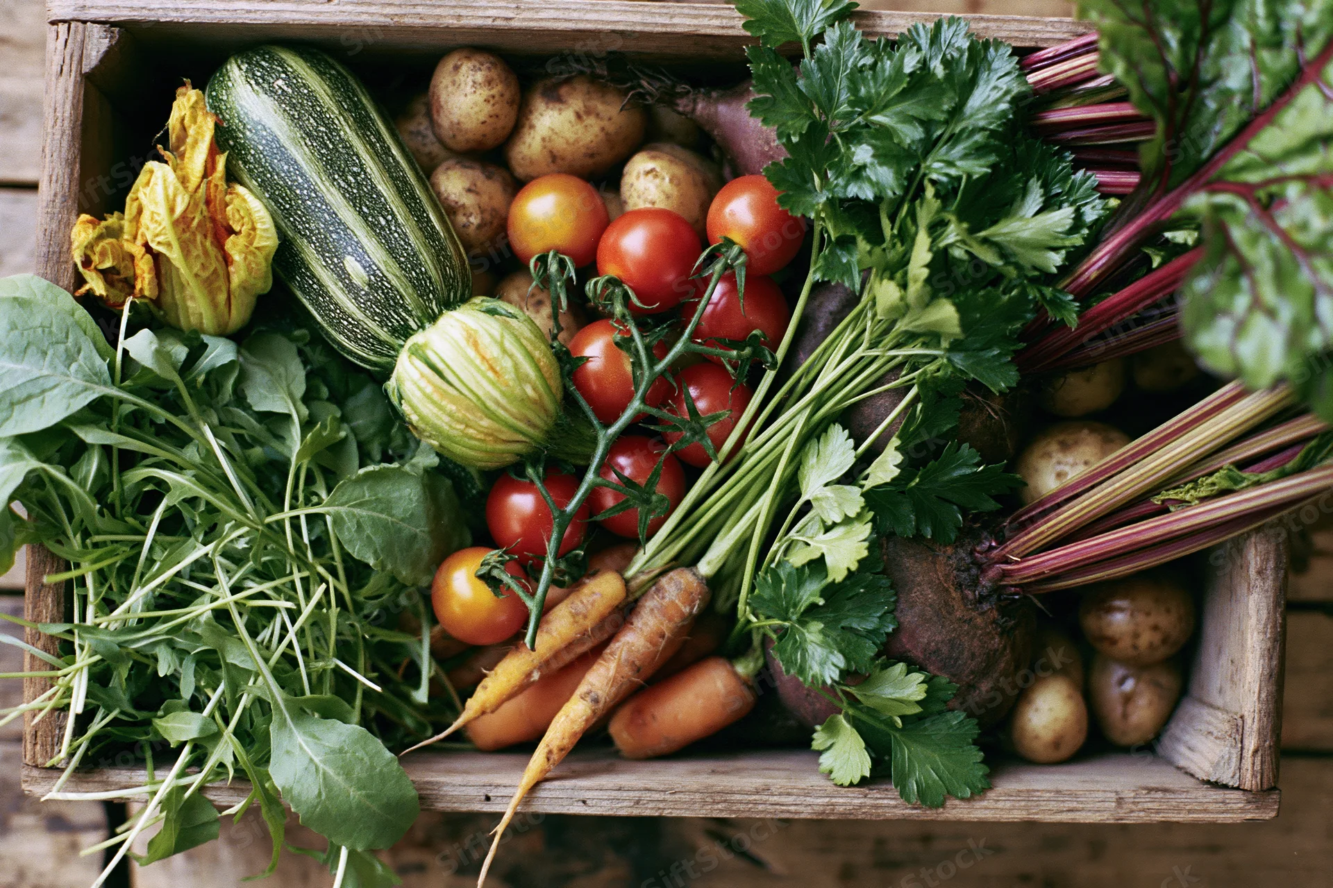Wooden crate filled with fresh harvested vegetables arranged on a rustic surface