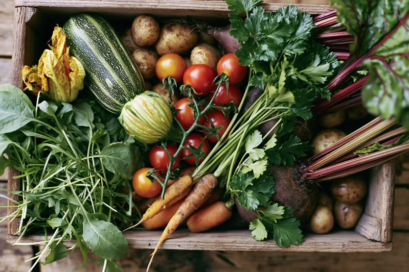 Wooden crate filled with fresh harvested vegetables arranged on a rustic surface