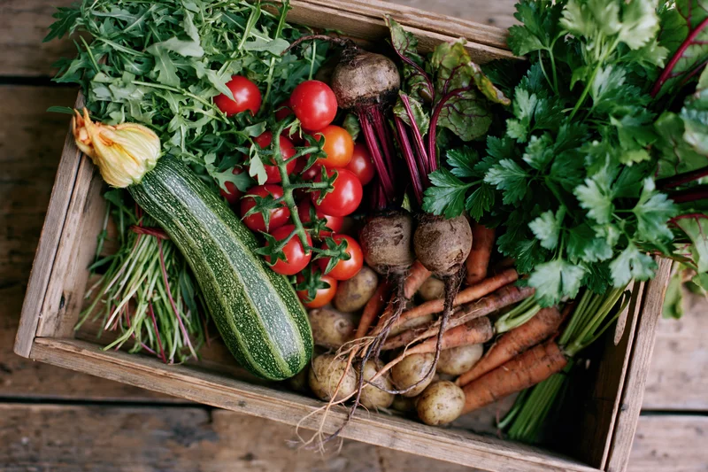 Wooden crate filled with fresh harvested vegetables on rustic wooden surface
