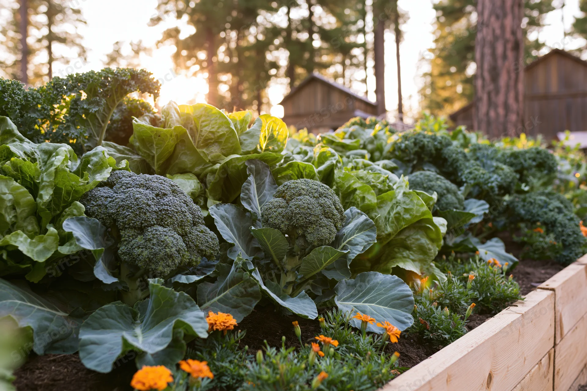 Broccoli and lettuce growing in a wooden raised garden bed outdoors