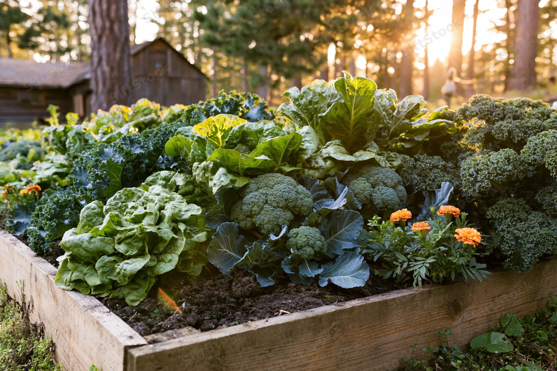 Wooden raised garden bed filled with broccoli, lettuce, kale and marigolds in a forested backyard at sunset