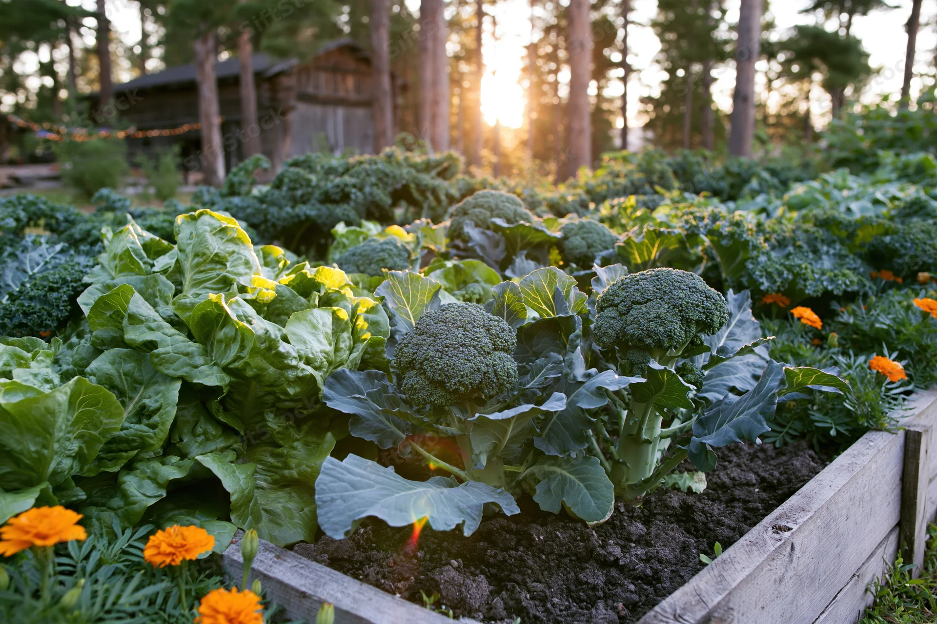 Broccoli and lettuce growing in a wooden raised garden bed with marigolds at dusk