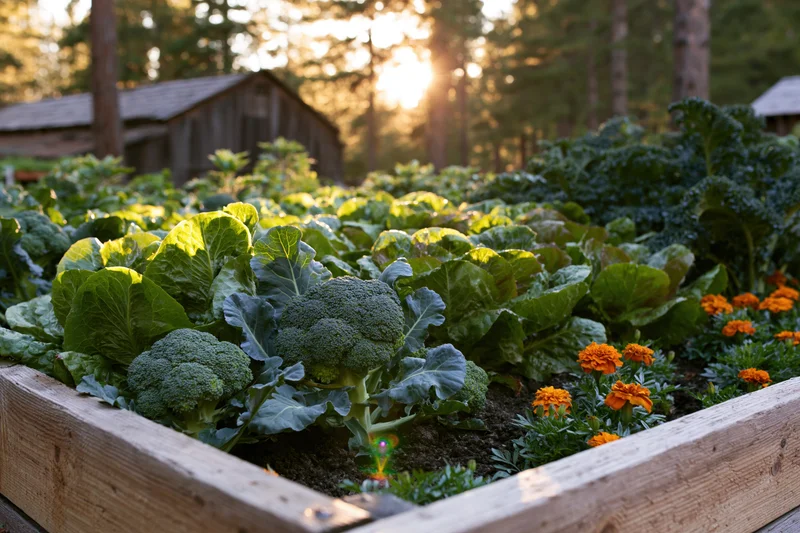 Broccoli and leafy greens growing in a wooden raised garden bed outdoors at sunset