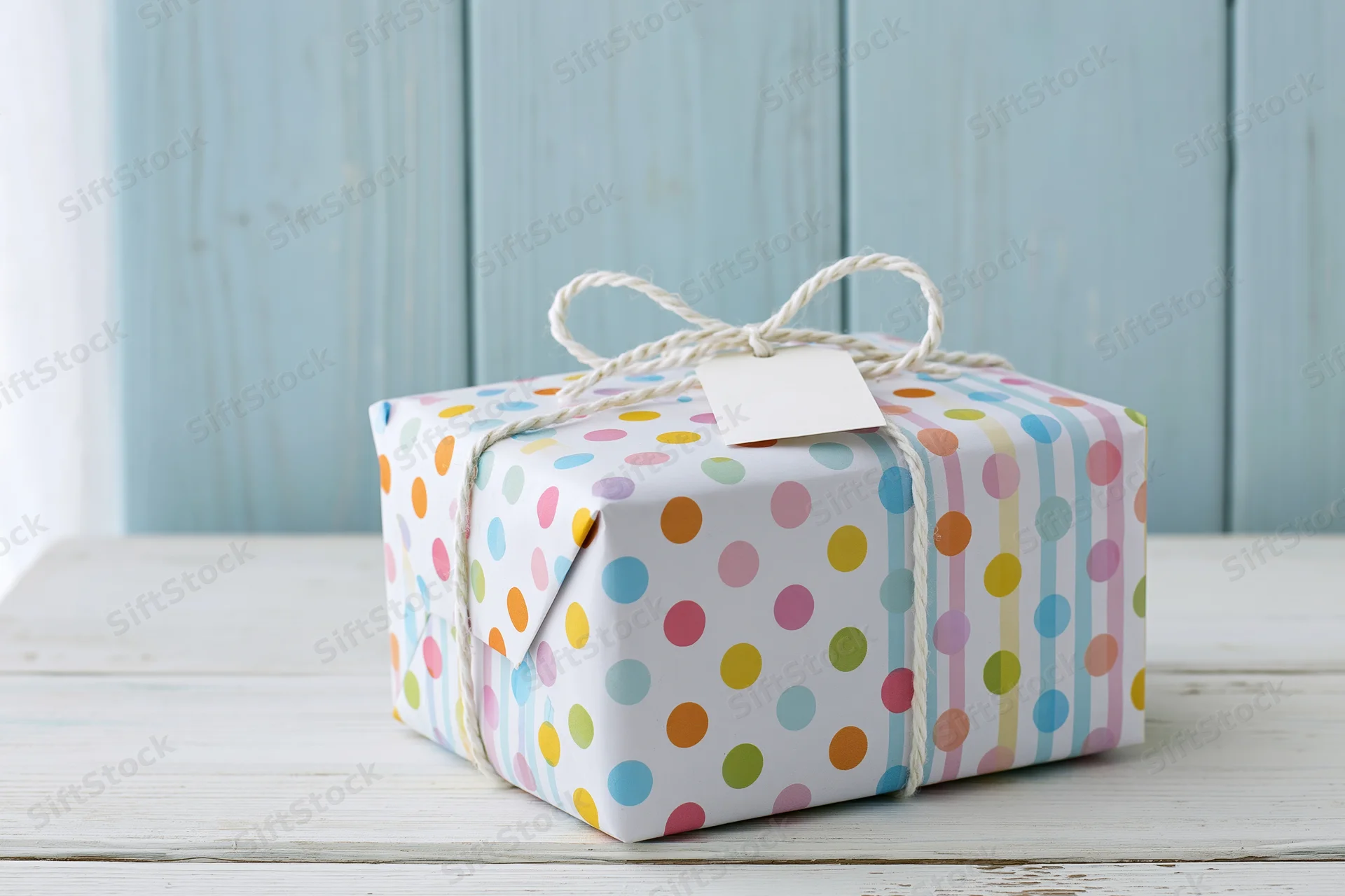 Wrapped gift box with polka dots and twine bow on wooden table