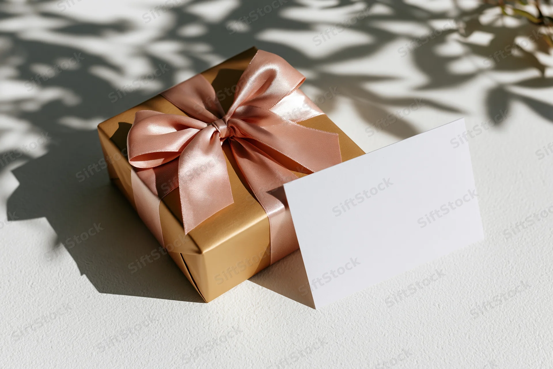 Bronze-gold gift box with pink satin bow and blank white card on textured white surface under leaf shadows