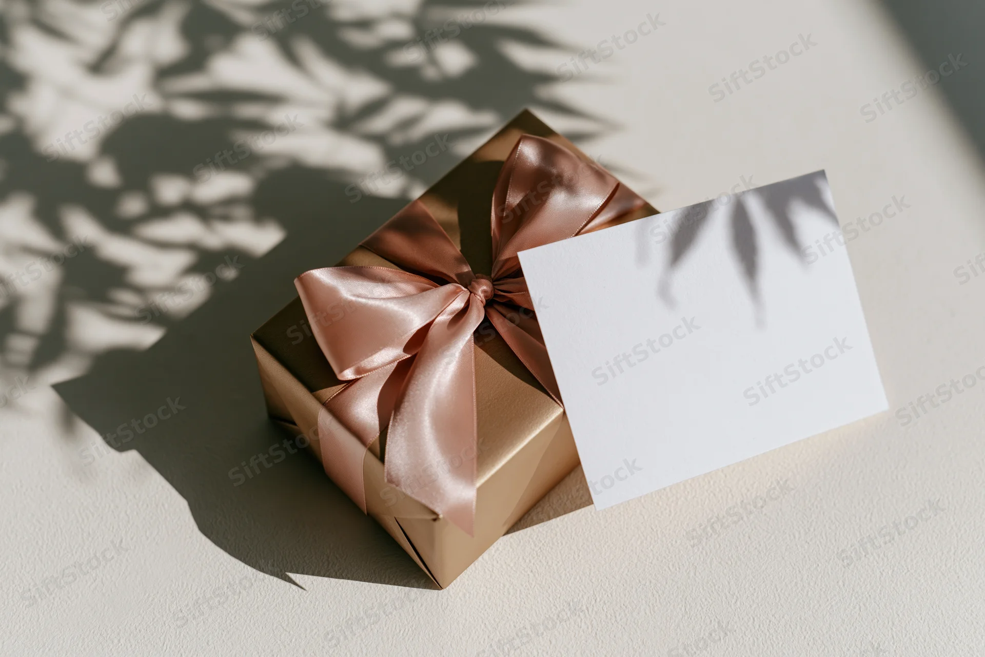 Bronze gift box with satin bow and blank card on white surface under leaf shadows