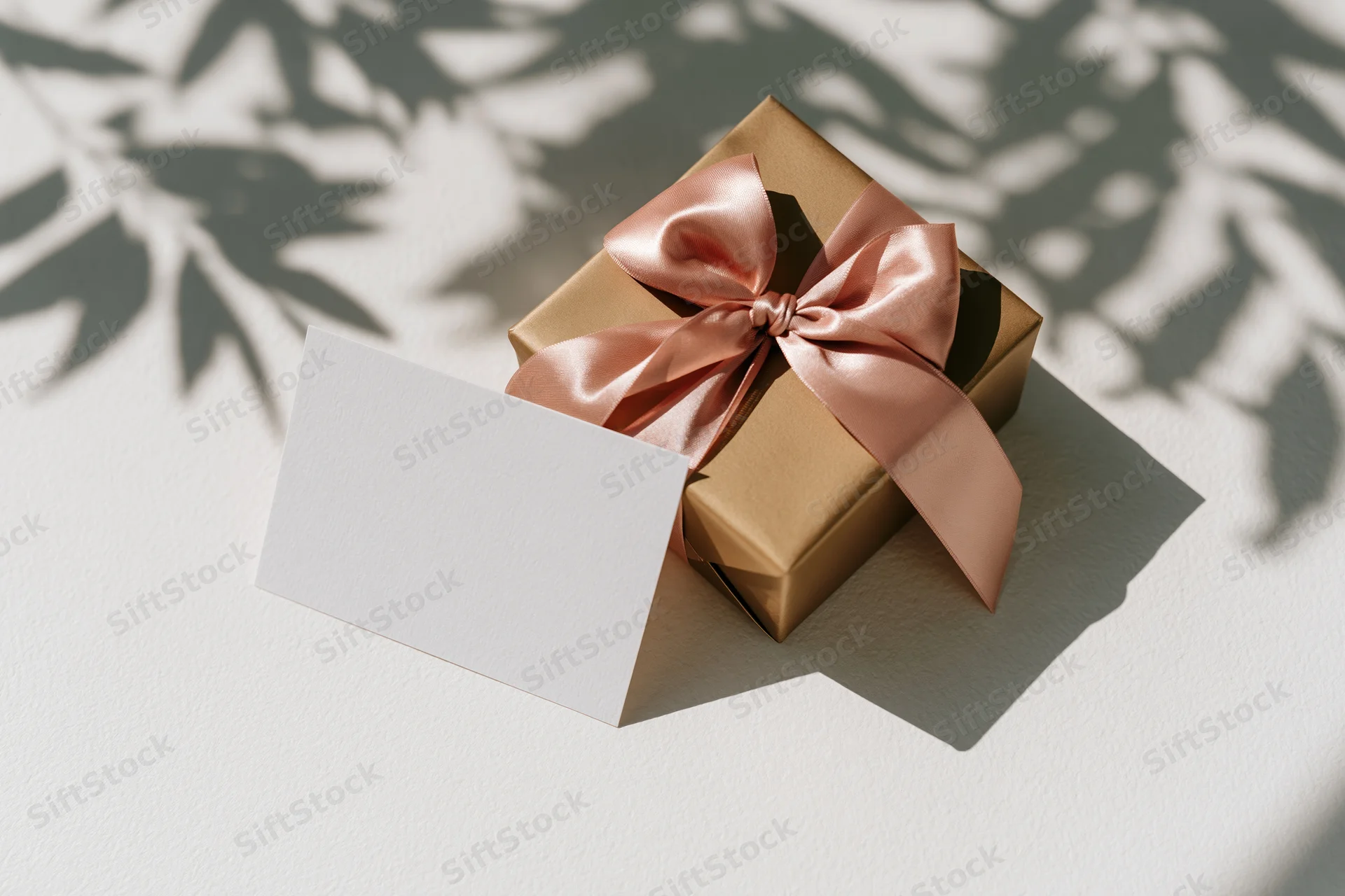 Bronze gift box with pink satin bow and blank card on white surface with leaf shadows