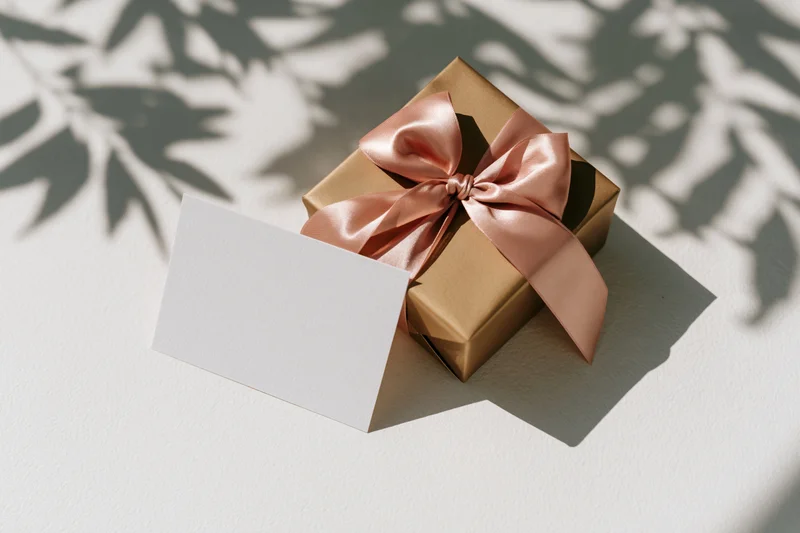 Bronze gift box with pink satin bow and blank card on white surface with leaf shadows