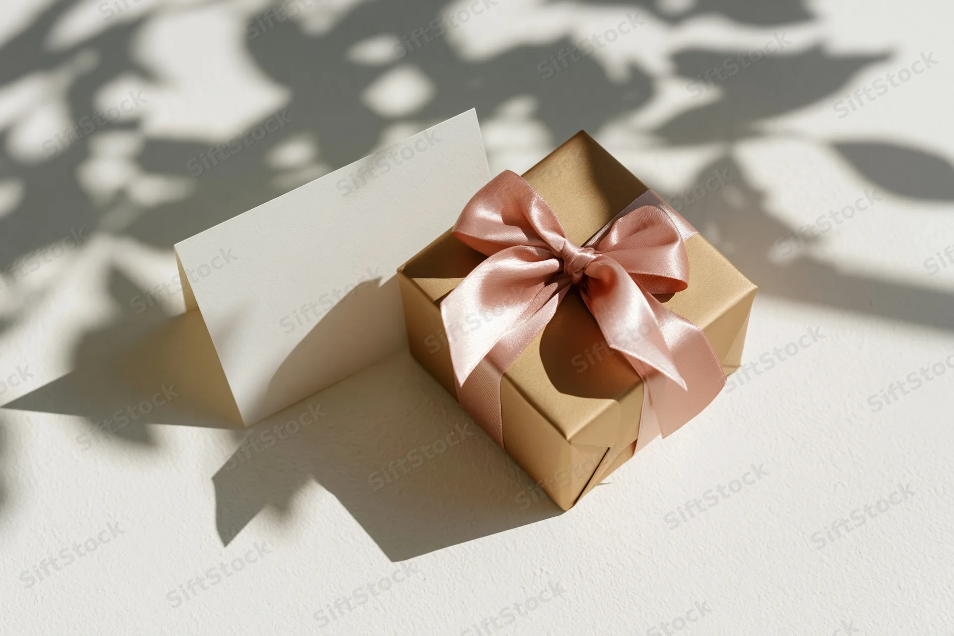 Gift box wrapped in bronze paper with pink satin bow beside a card on white surface with leaf shadows