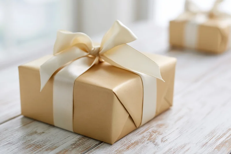 Gold-wrapped gift box with cream ribbon bow on wooden table