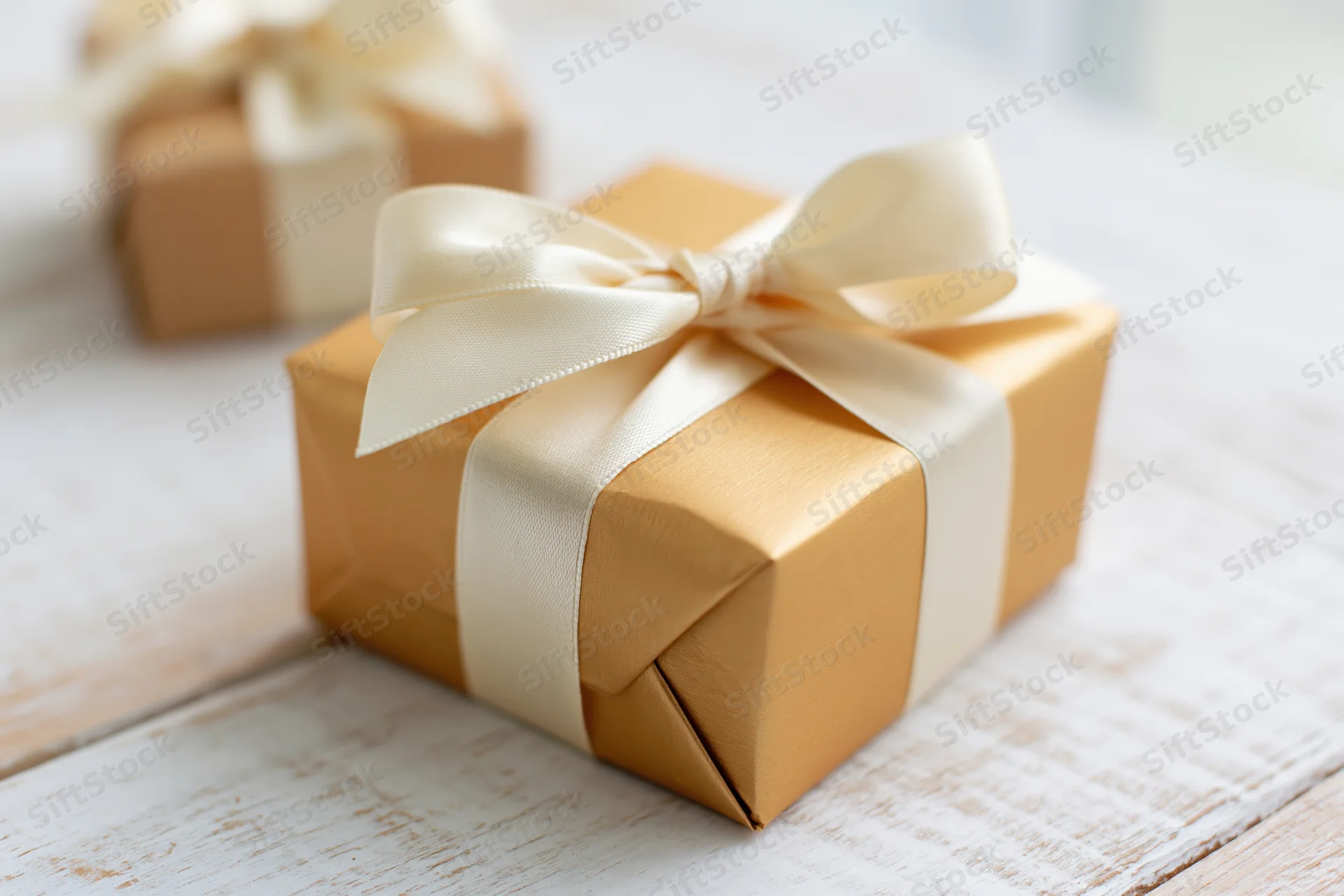 Gold-wrapped gift box with cream ribbon bow on white wooden surface