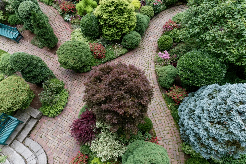 Aerial top-down view of a landscaped garden with curved brick pathways and manicured shrubs and flowering plants